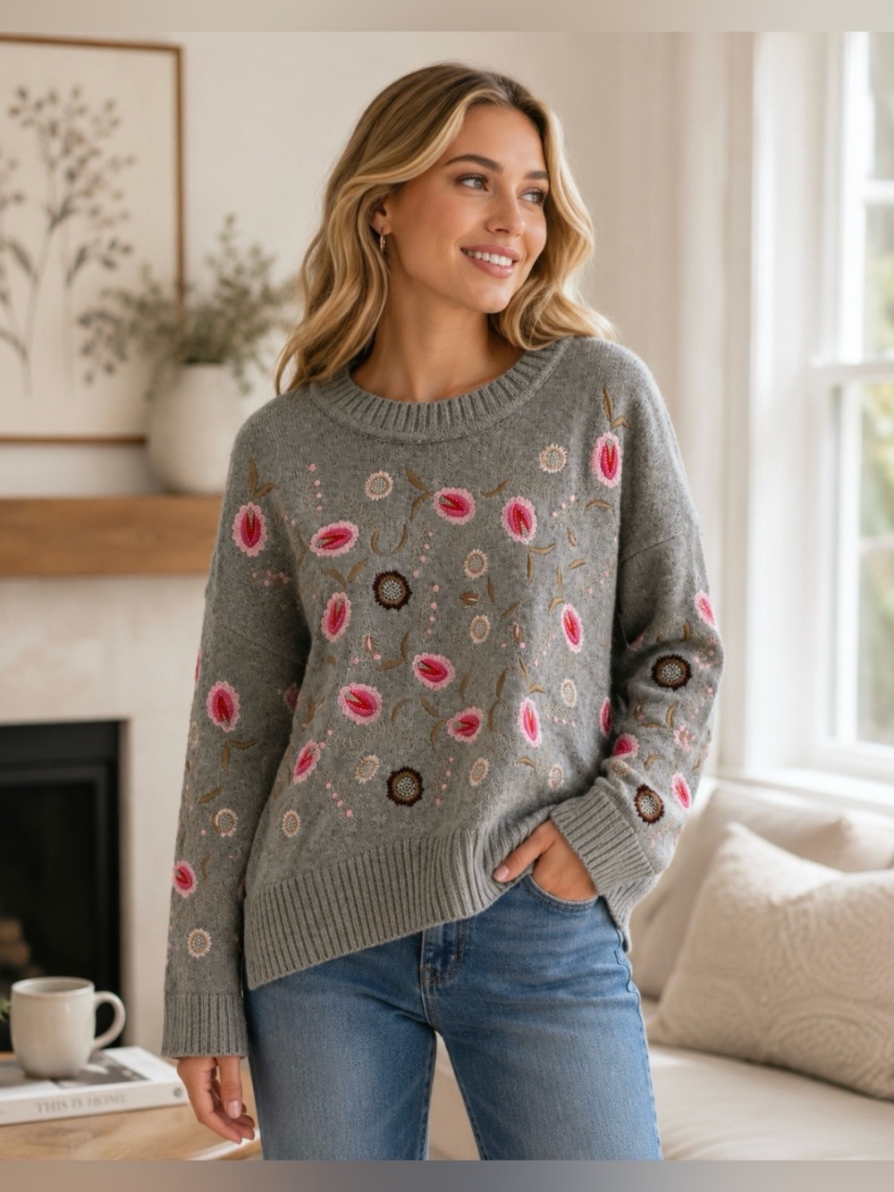 Floryday Gray and Pink Floral Embroidered Sweater Size S